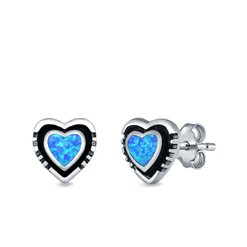 Heart Stud Earrings Lab Created Blue Opal 925 Sterling Silver (7mm)